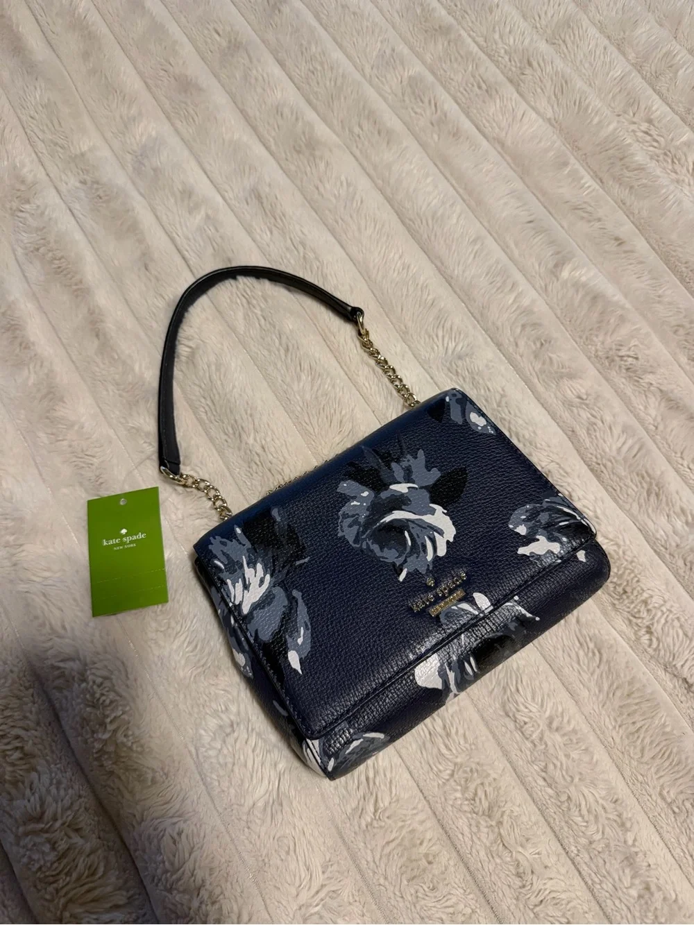 kate spade Navy Floral Leather Shoulder Bag with Gold Chain Accent
